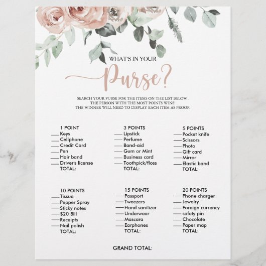 Was ist in deinem Purse Rose Brautparty Game? (Vorderseite)