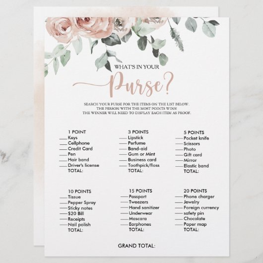 Was ist in deinem Purse Rose Brautparty Game? (Vorne/Hinten)