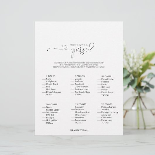 Was ist in deinem Purse Script Brautparty Game? (Stehend Vorderseite)