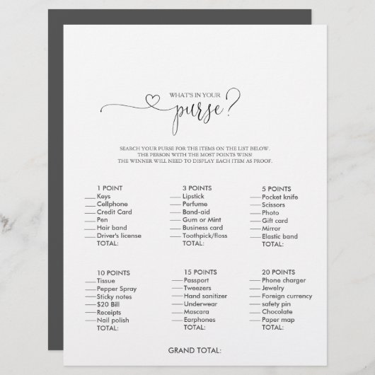 Was ist in deinem Purse Script Brautparty Game? (Vorne/Hinten)