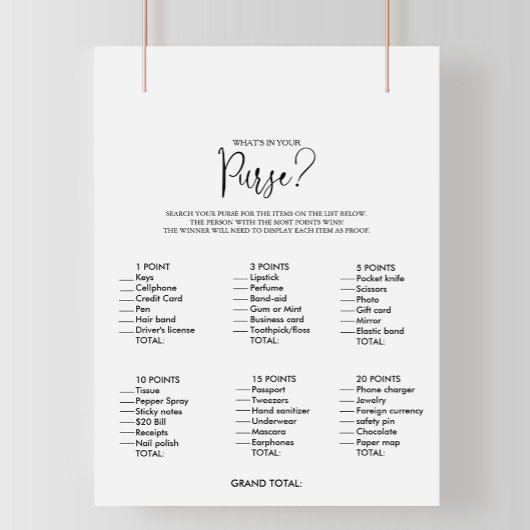 Was ist in deinem Purse Script Brautparty Game?