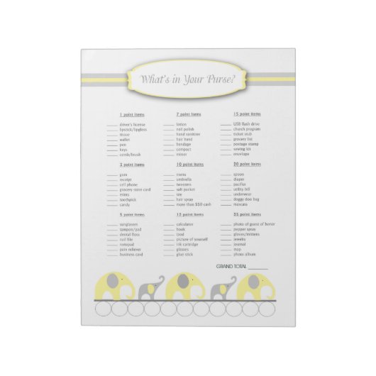 Was ist in deiner Handtasche Elephant Baby Shower  Notizblock (Rotiert)