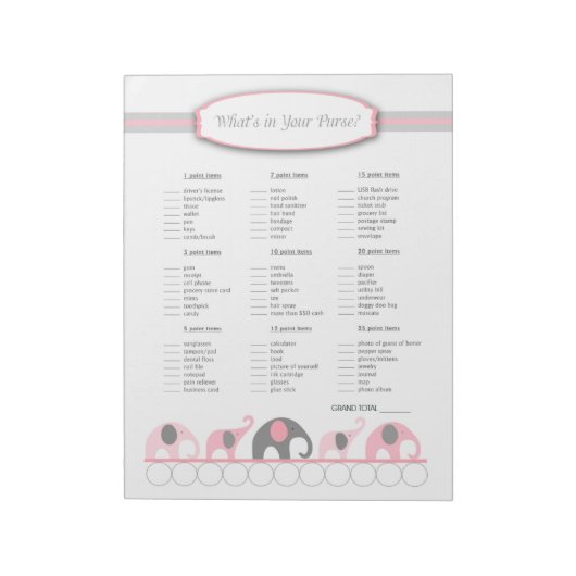 Was ist in deiner Handtasche Elephant Baby Shower  Notizblock (Rotiert)