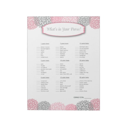 Was ist in deiner Handtasche Pink Gray Dahlia Game Notizblock (Rotiert)