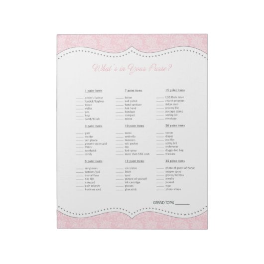 Was ist in deiner Handtasche Pink Gray Damask Dusc Notizblock (Rotiert)