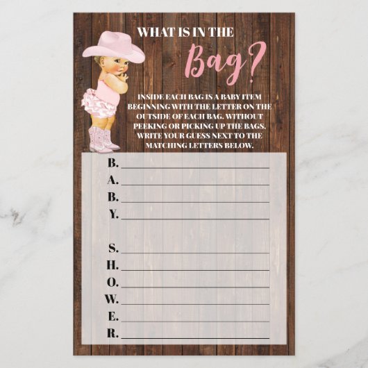 Was ist in der Bag Cowgirl Baby Shower Game Karte? Flyer (Vorne)
