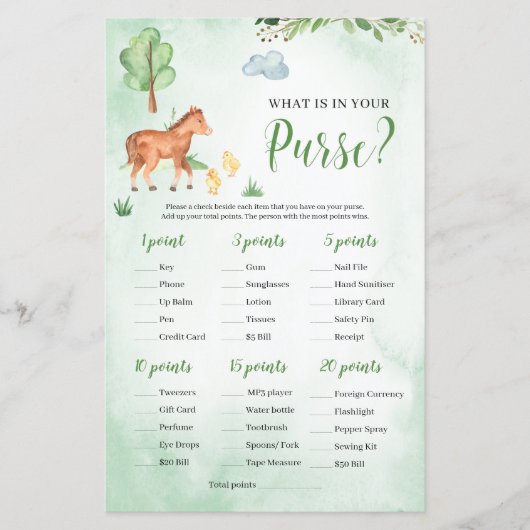 Was ist in Ihrem Geldbeutel Baby Shower Spiel Farm (Vorderseite)