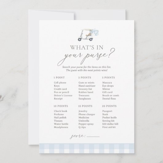 Was ist in Ihrem Purse Golf Baby Duschspiel? Einladung (Vorderseite)