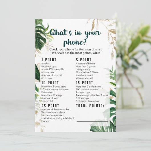 Was ist in Ihrem Telefon Safari Baby Shower Game Einladung (Stehend Vorderseite)