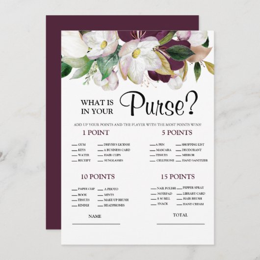Was ist in Ihrer Handtasche White Bridal Game Einl Einladung (Vorne/Hinten)
