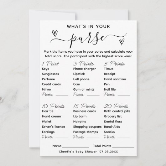 Was ist in Ihrer Purse Baby Shower Game Card Einladung (Vorderseite)