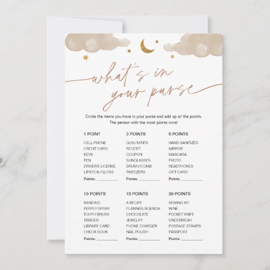 Was ist in Ihrer Purse Baby Shower Game Twinkle St Einladung (Vorderseite)