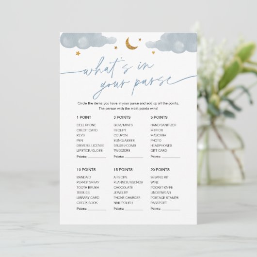 Was ist in Ihrer Purse Baby Shower Game Twinkle St Einladung (Stehend Vorderseite)