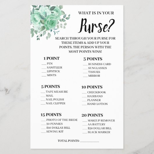 Was ist in Ihrer Purse GreenRoses Shower Game Card Flyer (Vorne)