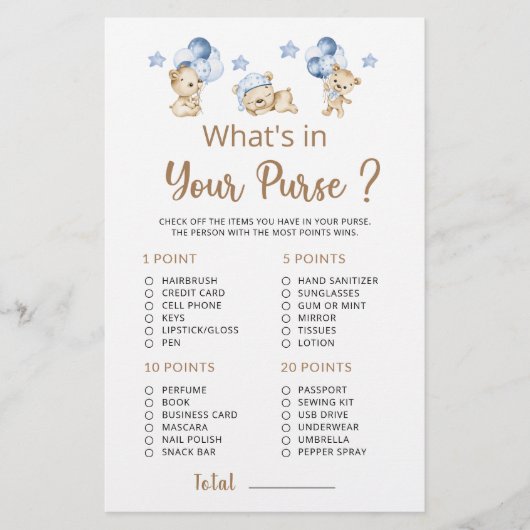 Was ist in Ihrer Purse Teddy Bären Boy Baby Dusche (Vorderseite)