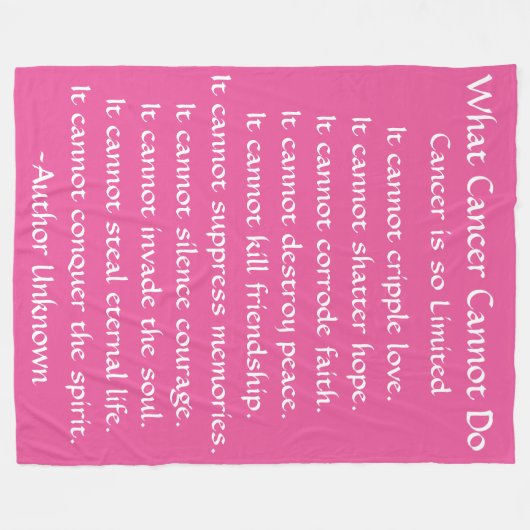 Was Krebs nicht tun kann Gedicht Rosa Chemo Blanke Fleecedecke (Vorderseite (Horizontal))