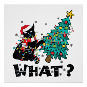 WAS Lustige schwarze Katze Weihnachtsmann schiebt Poster