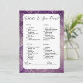 Was steckt in deinem Lila Damaskus-Brautparty? Einladung (Stehend Vorderseite)