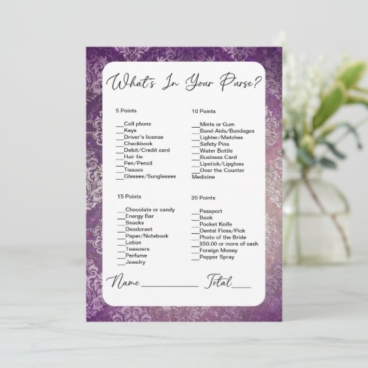 Was steckt in deinem Lila Damaskus-Brautparty? Einladung (Stehend Vorderseite)