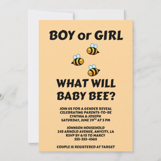 Was wird Baby Bee Geschlecht Enthüllung Einladung (Vorderseite)