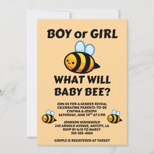 Was wird Baby Bee Geschlecht Enthüllung Einladung (Vorderseite)