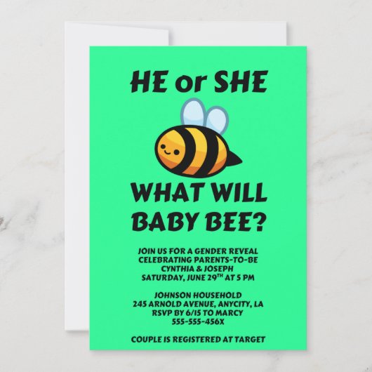 Was wird Baby Bee Geschlecht Enthüllung Einladung (Vorderseite)