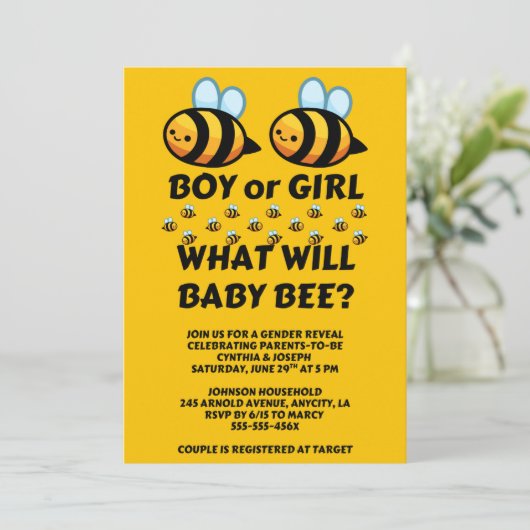 Was wird Baby Bee Geschlecht Enthüllung Einladung (Stehend Vorderseite)