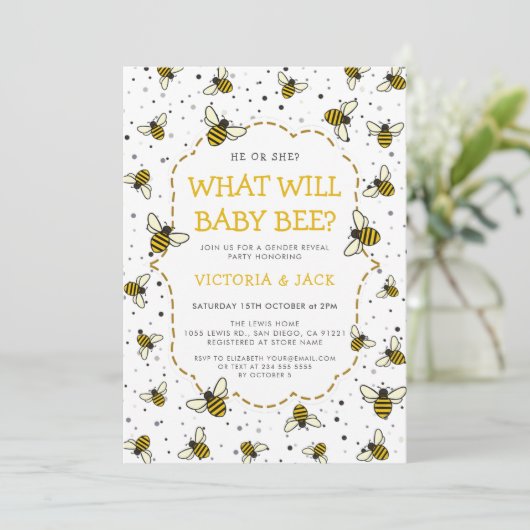 Was wird Baby Bee, Niedliches Bienenmuster zeigen? Einladung (Stehend Vorderseite)