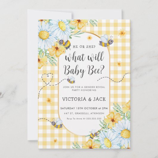 Was wird Baby Bee Yellow Gingham Gender offenbaren Einladung (Vorderseite)