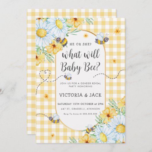 Was wird Baby Bee Yellow Gingham Gender offenbaren Einladung (Vorne/Hinten)