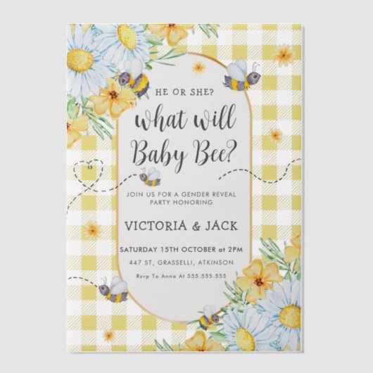Was wird Baby Bee Yellow Gingham Gender offenbaren Pergament Einladungen (Vorderseite)