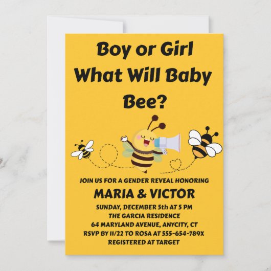 Was wird die Geschlechtsenthüllung von Baby Bee se Einladung (Vorderseite)