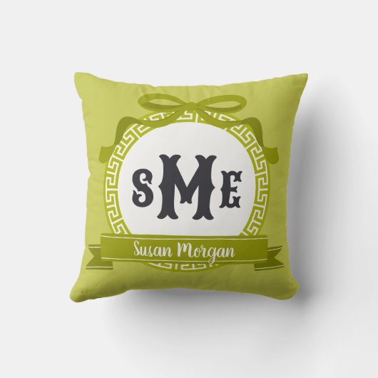Wasabi Green Reverse Griechisch Key Bow Monogram Kissen (Rückseite)