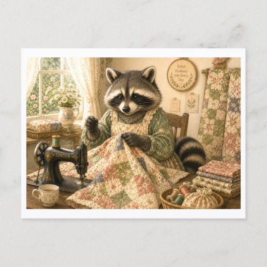 Waschbär als Quilter Postkarte (Vorderseite)