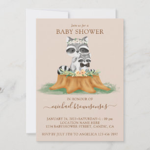 Waschbär Aquarell-Mama-Baby-Junge-Shower beigefarb Einladung