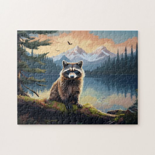 Waschbär auf einem Baumstamm Waldsee Puzzle (Horizontal)