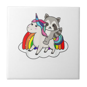 Waschbär auf Einhorn Regenbogen Tiere Süße Einhörn Fliese