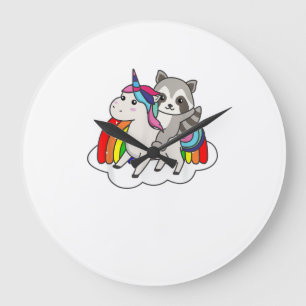 Waschbär auf Einhorn Regenbogen Tiere Süße Einhörn Große Wanduhr