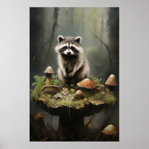 Waschbär auf Pilzdruck, Forestcore Cottagecore Poster