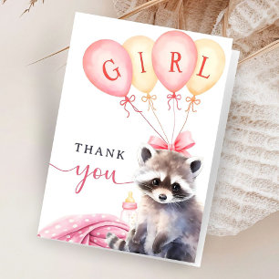 Waschbär-Baby-Party Mädchen Rosa Gefaltet Dankeskarte