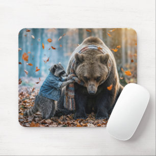 Waschbär bindet einem Bären einen Schal um Mousepad