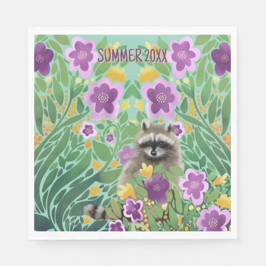 Waschbär Blumen Sommer Serviette (Vorderseite)