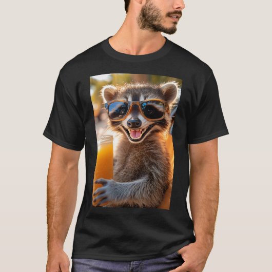 Waschbär entspannt mit coolem Drink T-Shirt (Vorderseite)