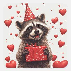 🎂 Waschbär-Geburtstagsfeier mit Ballons Quadratischer Aufkleber