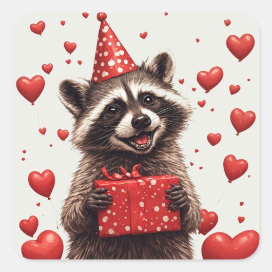 🎂 Waschbär-Geburtstagsfeier mit Ballons Quadratischer Aufkleber (Vorderseite)