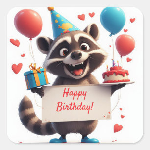 Waschbär-Geburtstagsgeschenk mit Herzballons ❤️ Quadratischer Aufkleber