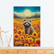 Waschbär im Sonnenblumenfeld Leinwanddruck