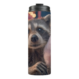 Waschbär isst Zuckerwatte im Vergnügungspark Thermosbecher