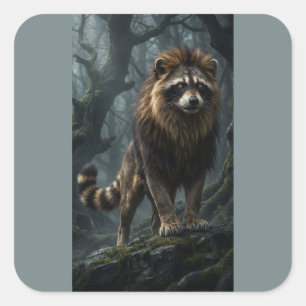 Waschbär Löwe Fantasy-Kreatur – Mystischer Wald Quadratischer Aufkleber
