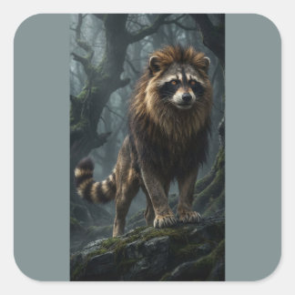 Waschbär Löwe Fantasy-Kreatur – Mystischer Wald Quadratischer Aufkleber